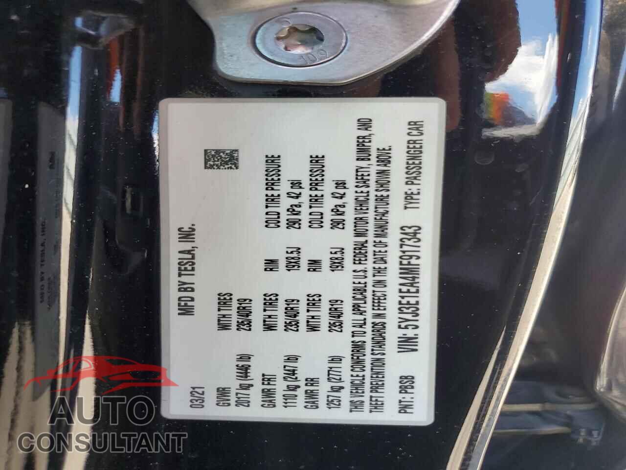 TESLA MODEL 3 2021 - 5YJ3E1EA4MF917343