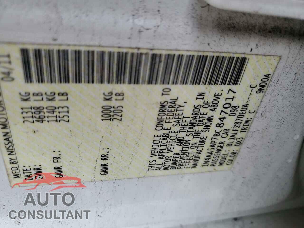 NISSAN MAXIMA 2011 - 1N4AA5AP7BC847017