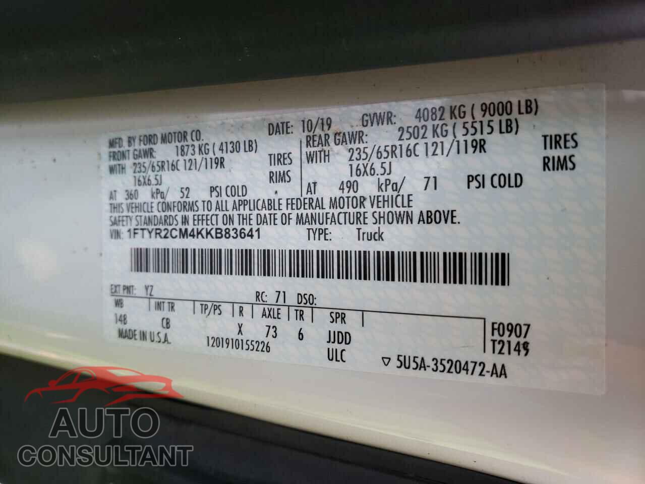 FORD TRANSIT CO 2019 - 1FTYR2CM4KKB83641