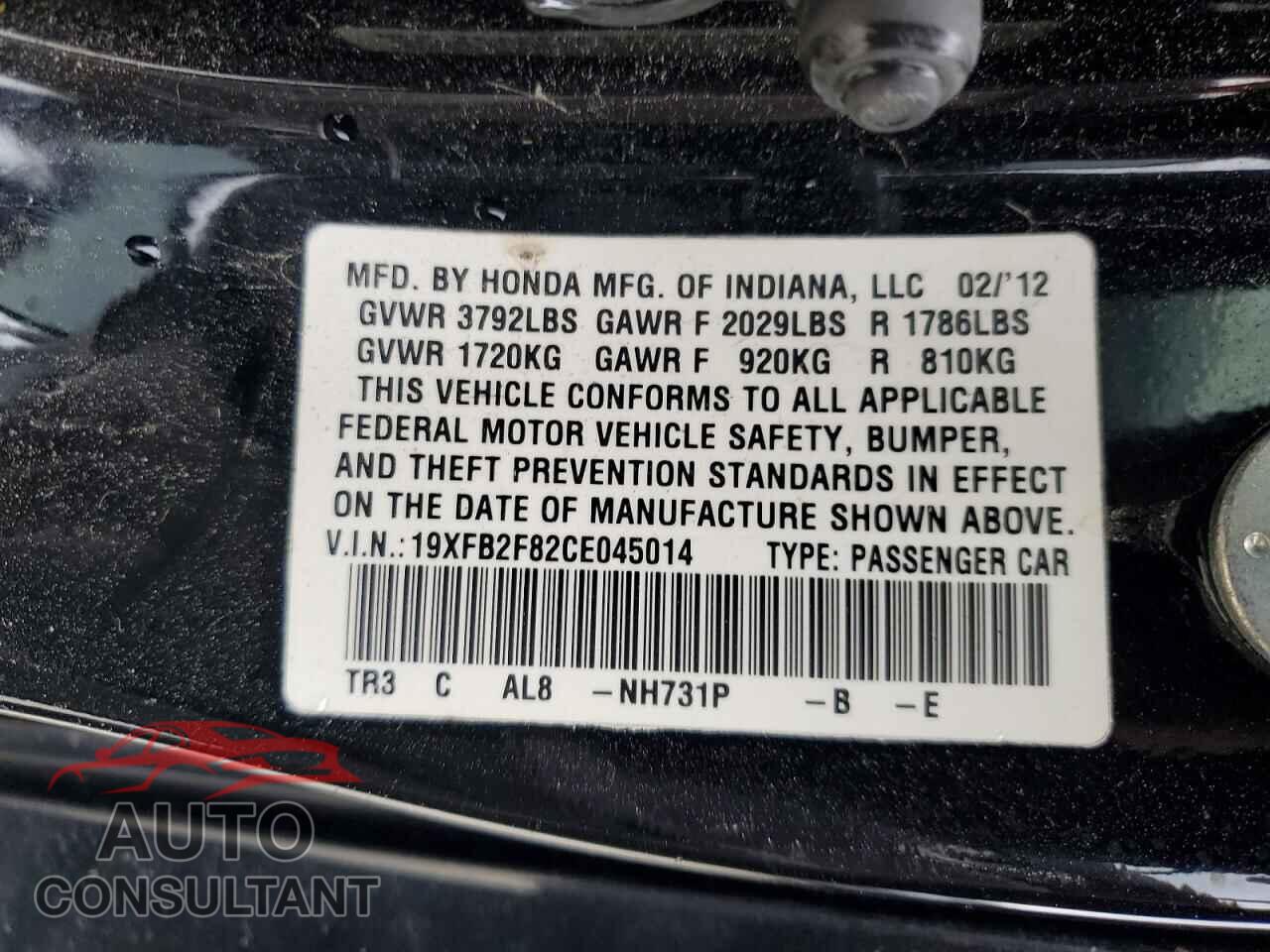 HONDA CIVIC 2012 - 19XFB2F82CE045014