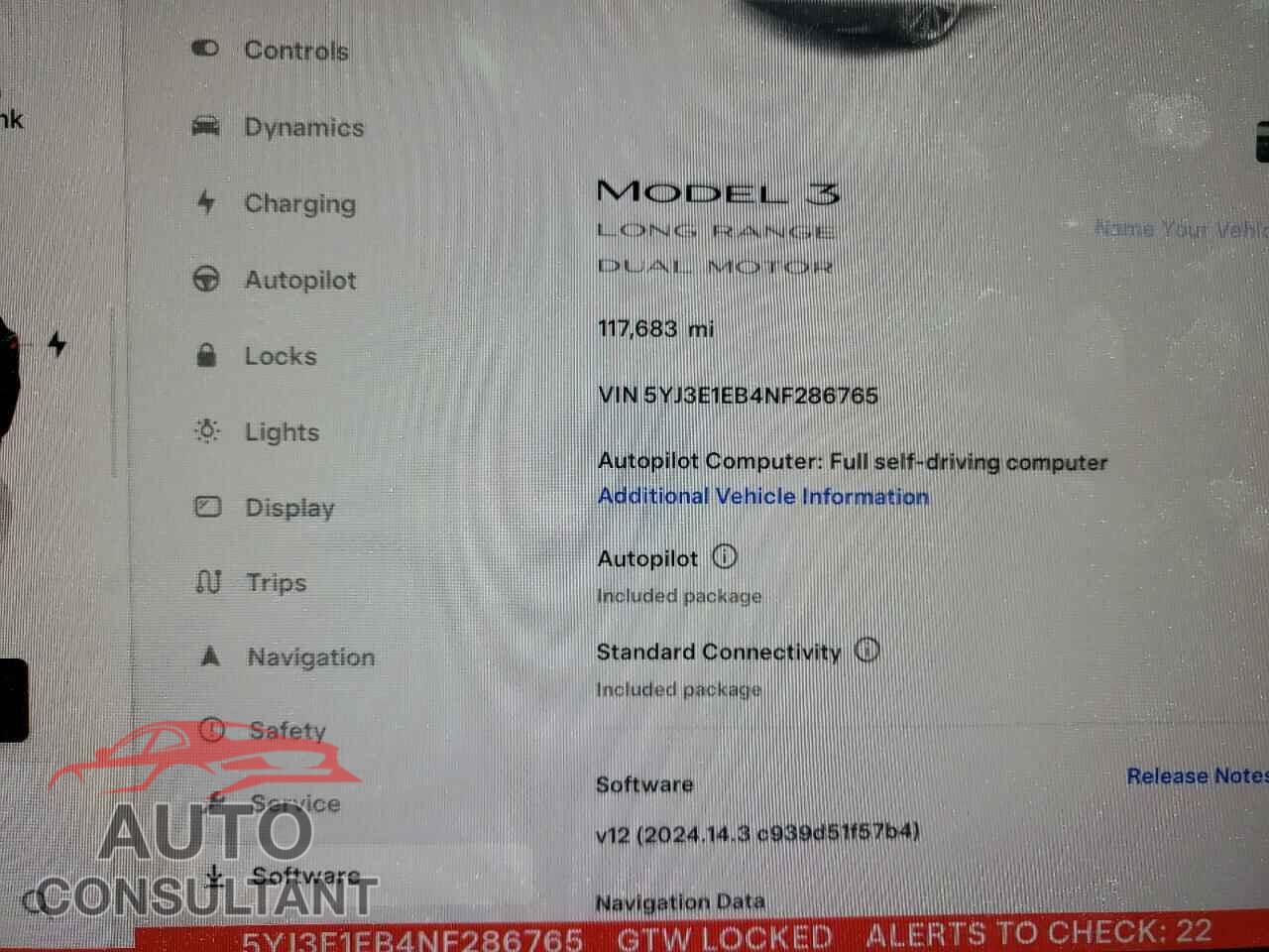 TESLA MODEL 3 2022 - 5YJ3E1EB4NF286765