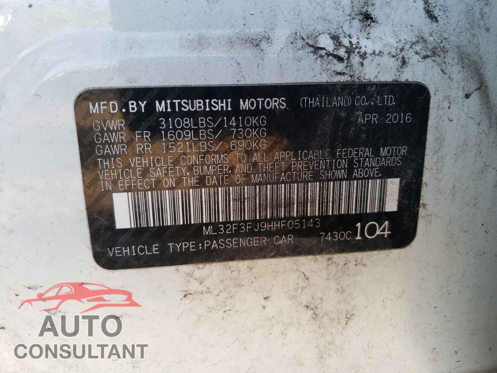MITSUBISHI MIRAGE 2017 - ML32F3FJ9HHF05143