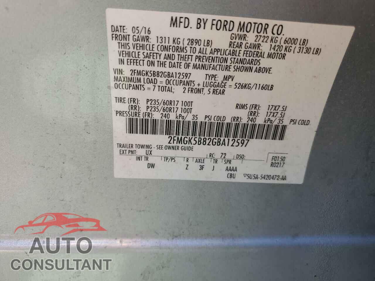 FORD FLEX 2016 - 2FMGK5B82GBA12597