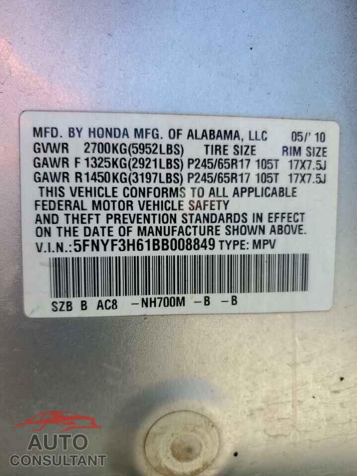 HONDA PILOT 2011 - 5FNYF3H61BB008849
