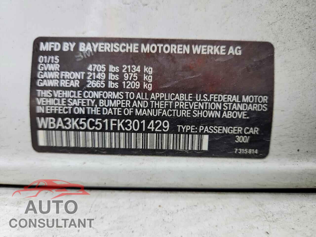 BMW 3 SERIES 2015 - WBA3K5C51FK301429