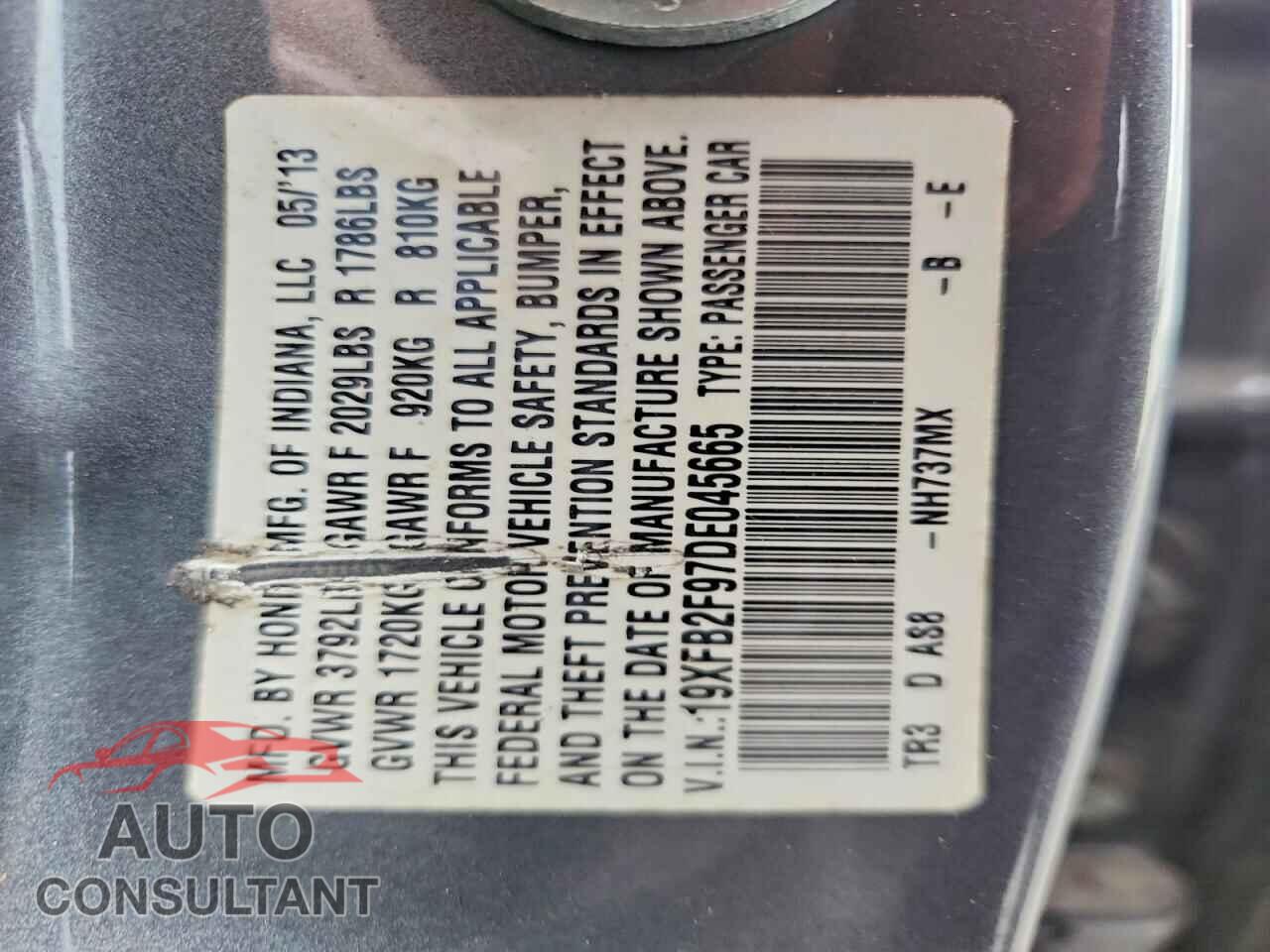 HONDA CIVIC 2013 - 19XFB2F97DE045665