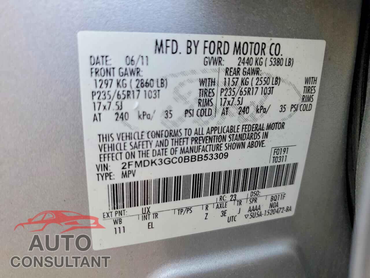 FORD EDGE 2011 - 2FMDK3GC0BBB53309