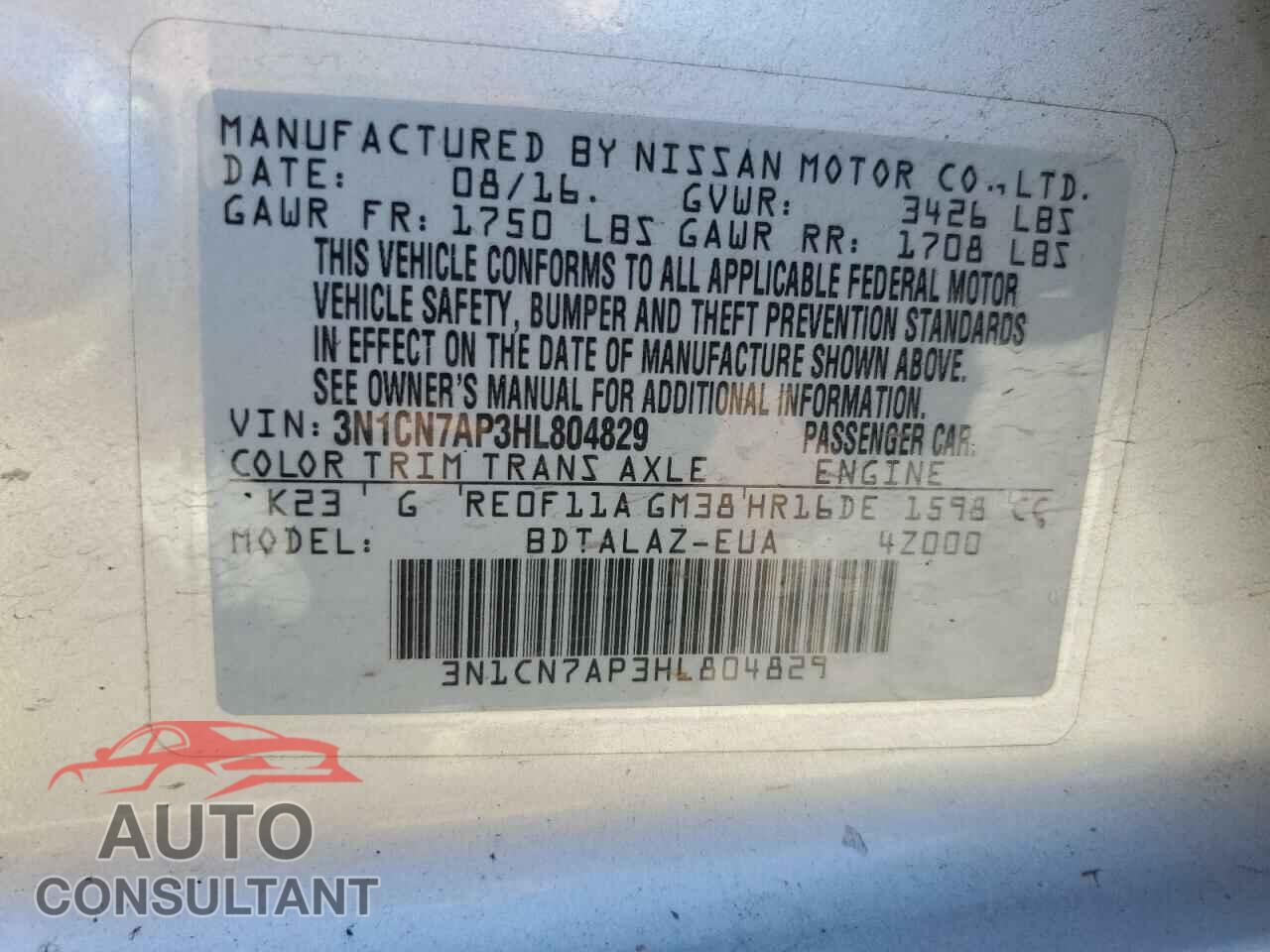 NISSAN VERSA 2017 - 3N1CN7AP3HL804829