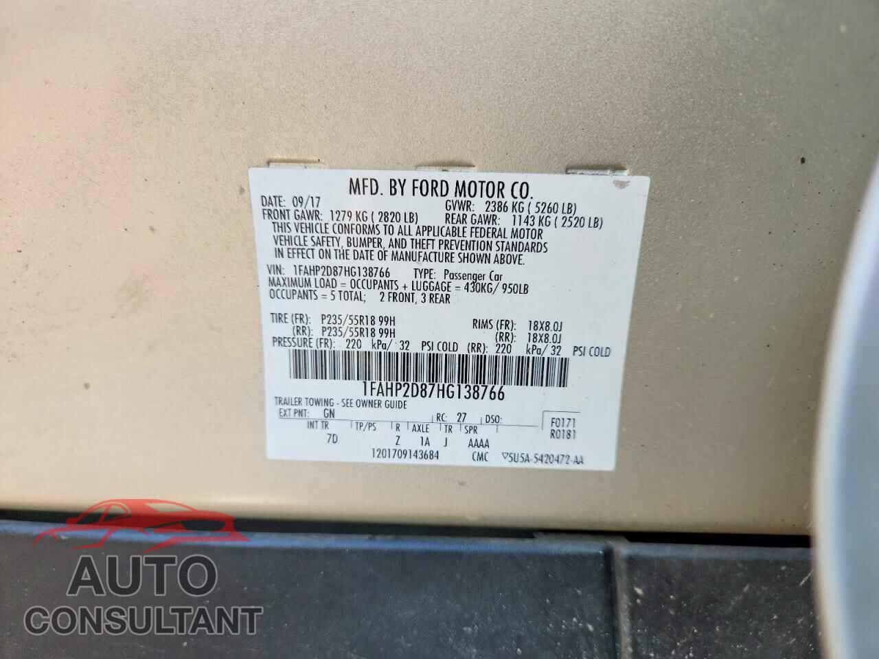 FORD TAURUS 2017 - 1FAHP2D87HG138766
