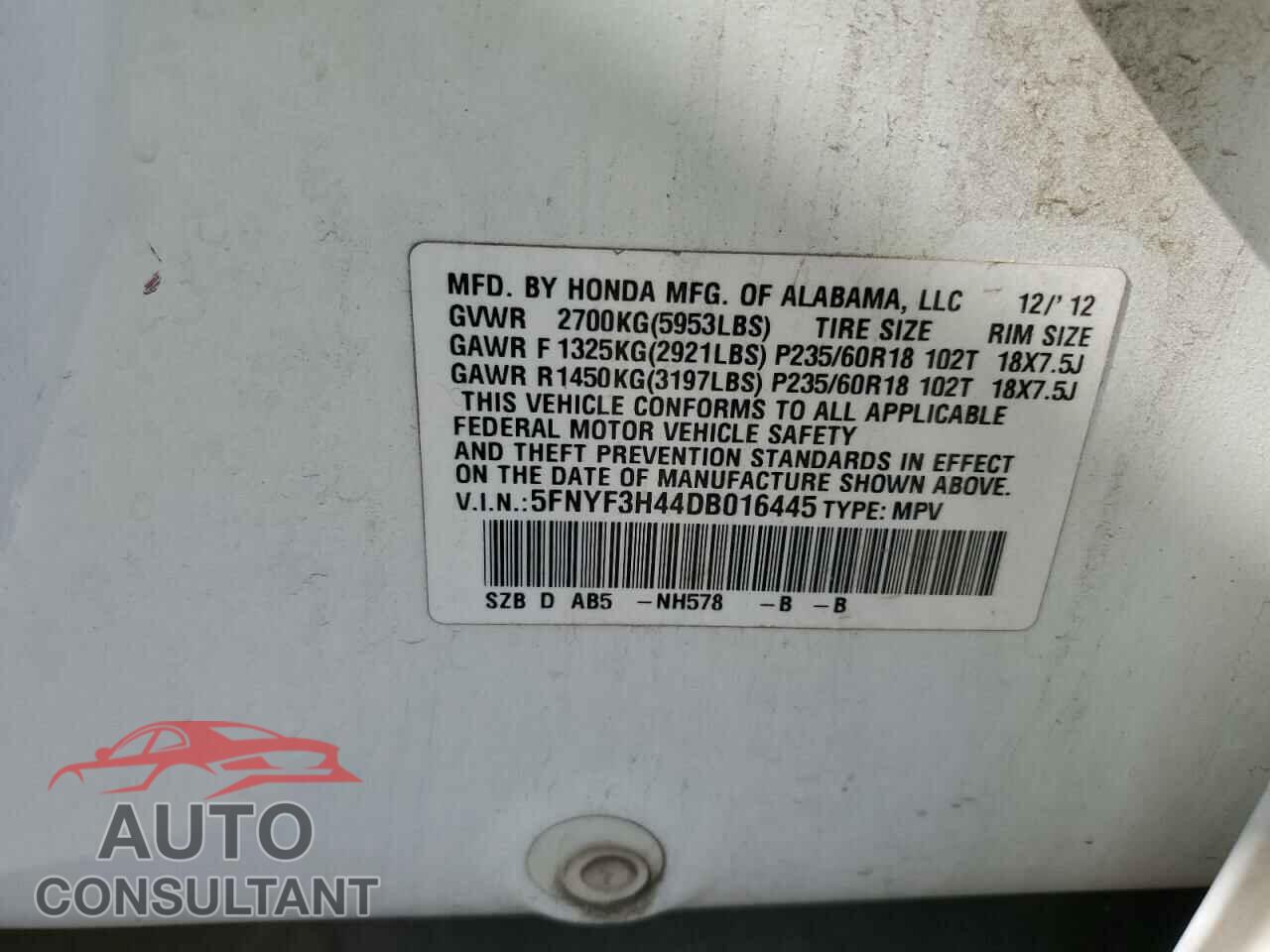 HONDA PILOT 2013 - 5FNYF3H44DB016445