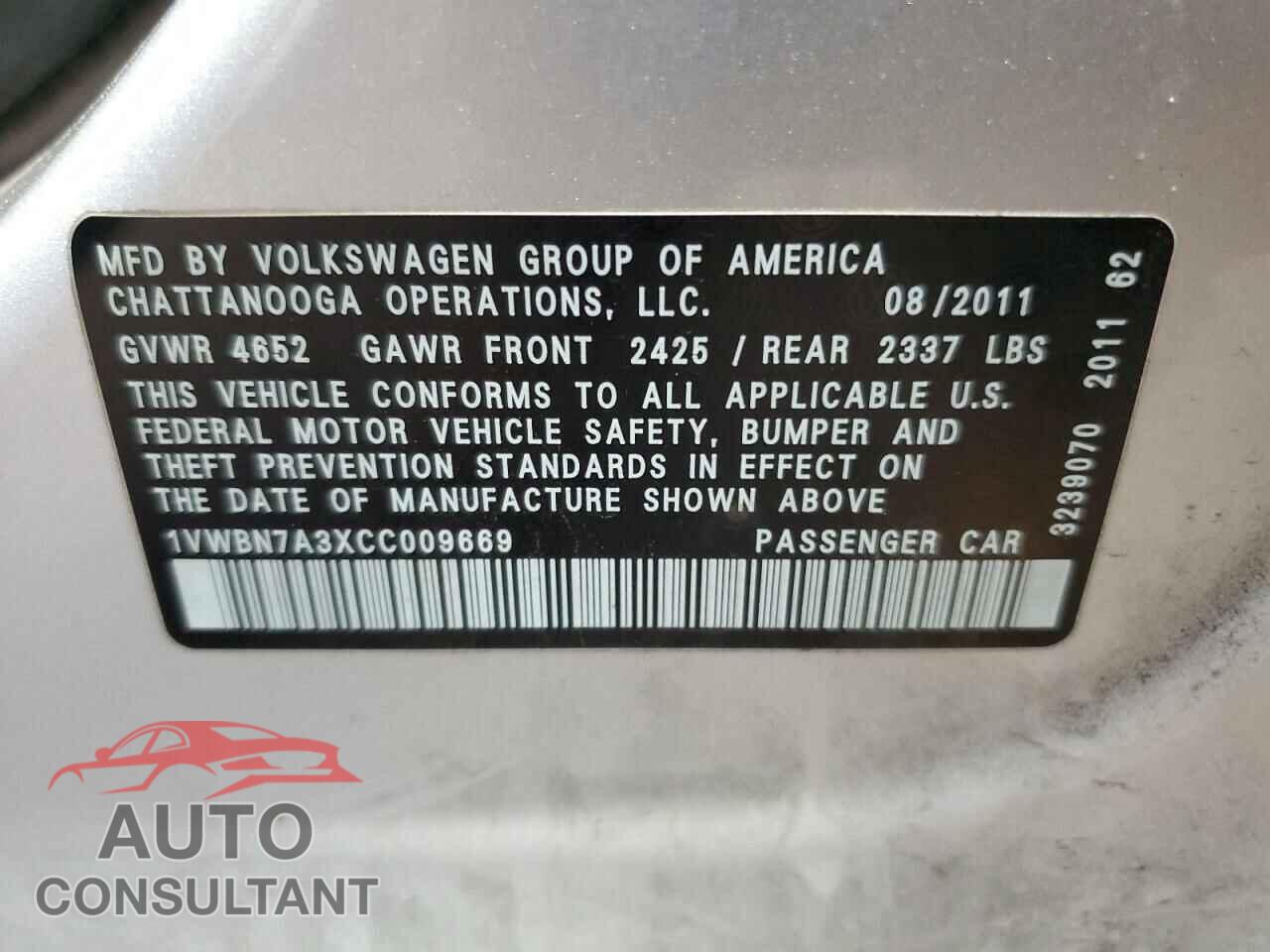 VOLKSWAGEN PASSAT 2012 - 1VWBN7A3XCC009669