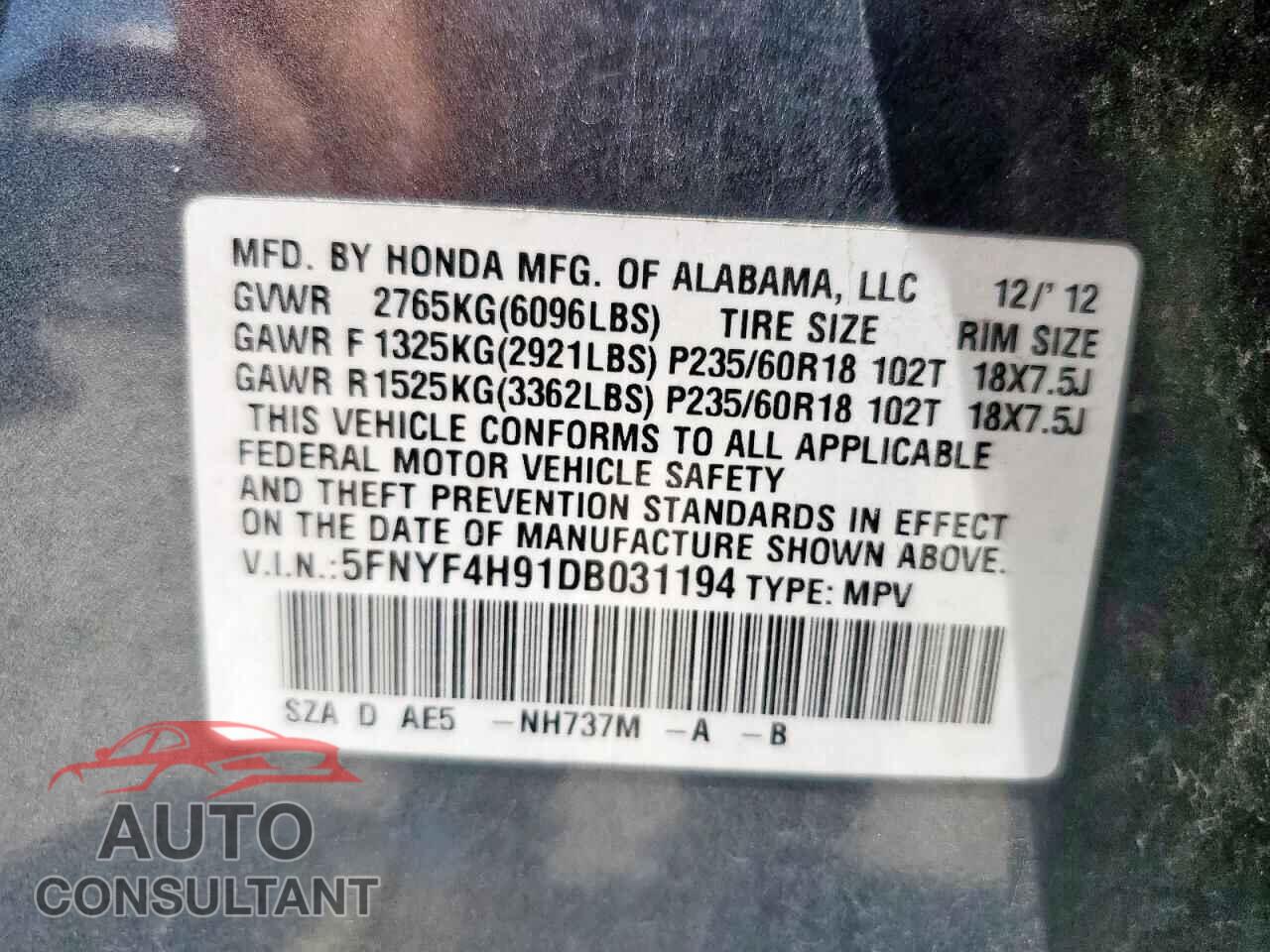 HONDA PILOT 2013 - 5FNYF4H91DB031194