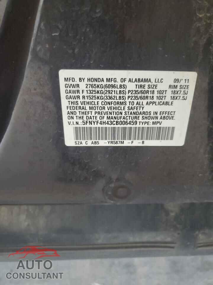 HONDA PILOT 2012 - 5FNYF4H43CB006459