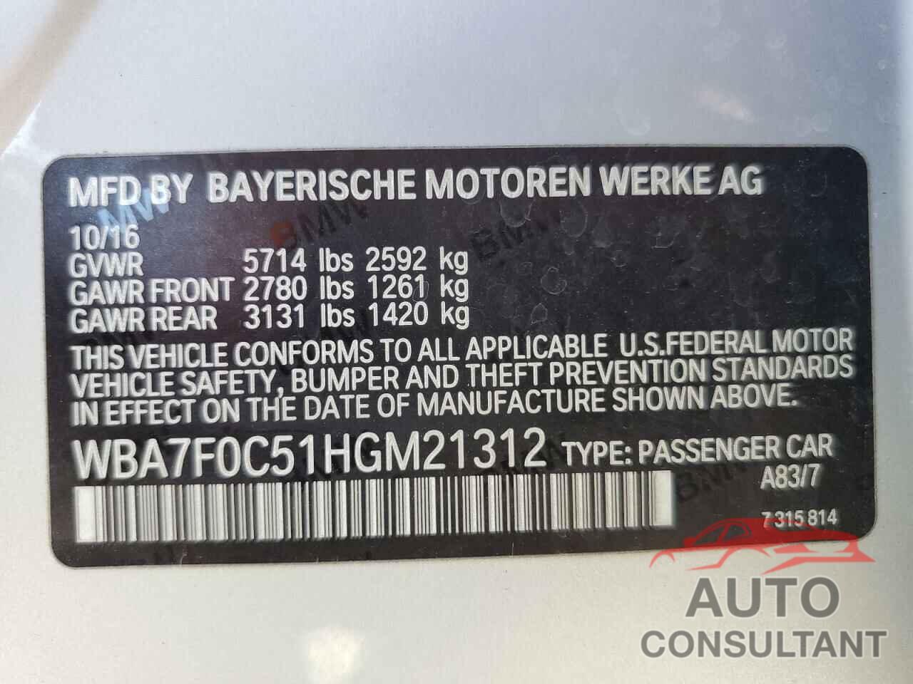 BMW 7 SERIES 2017 - WBA7F0C51HGM21312