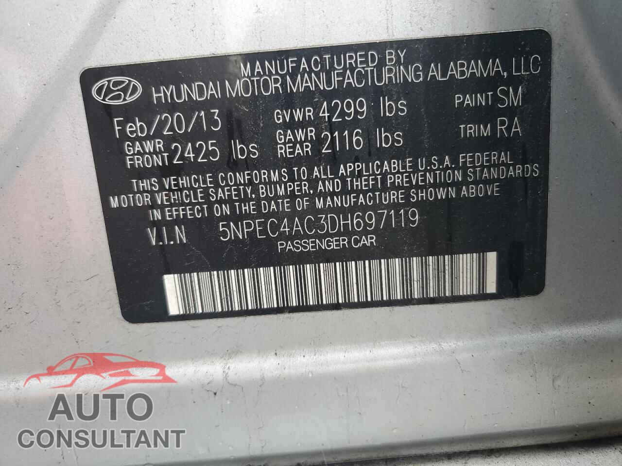 HYUNDAI SONATA 2013 - 5NPEC4AC3DH697119