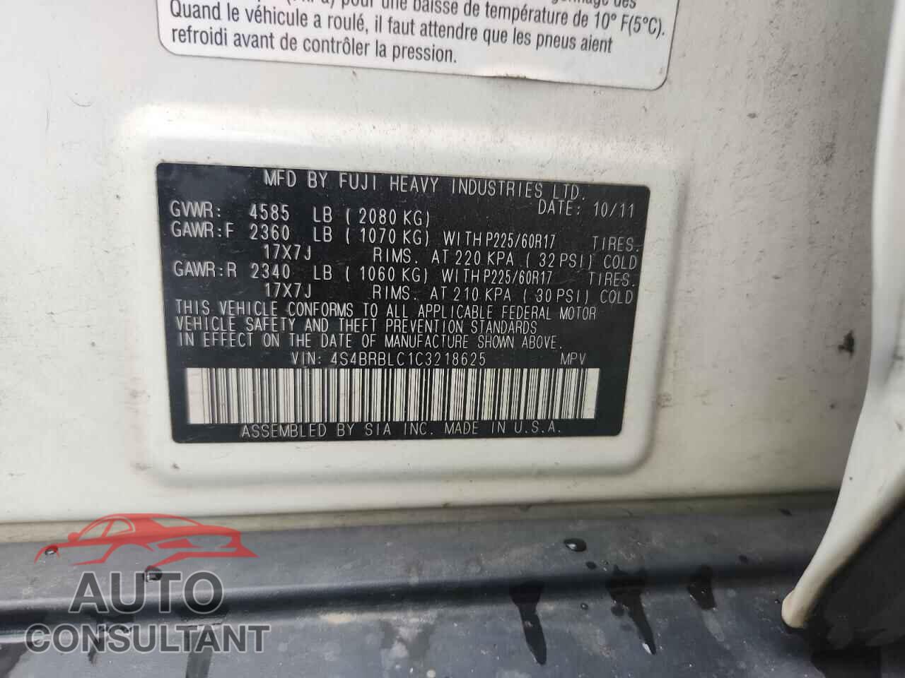 SUBARU OUTBACK 2012 - 4S4BRBLC1C3218625