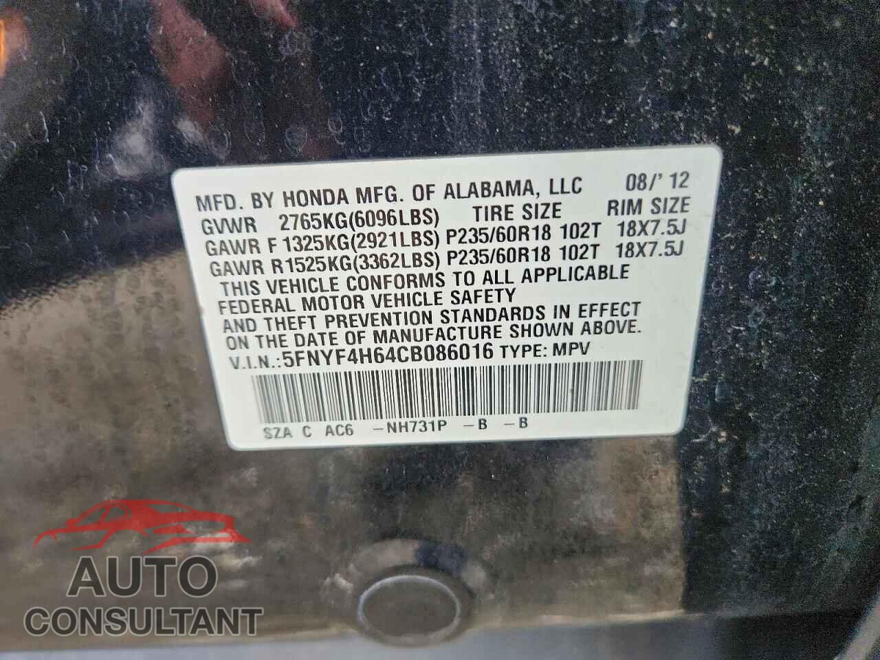 HONDA PILOT 2012 - 5FNYF4H64CB086016