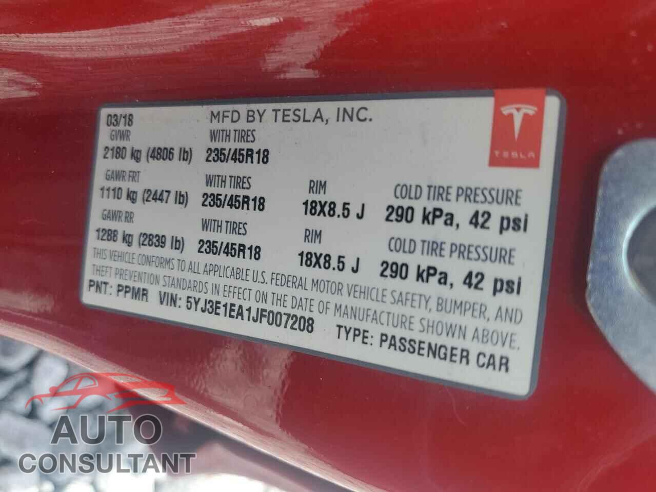 TESLA MODEL 3 2018 - 5YJ3E1EA1JF007208