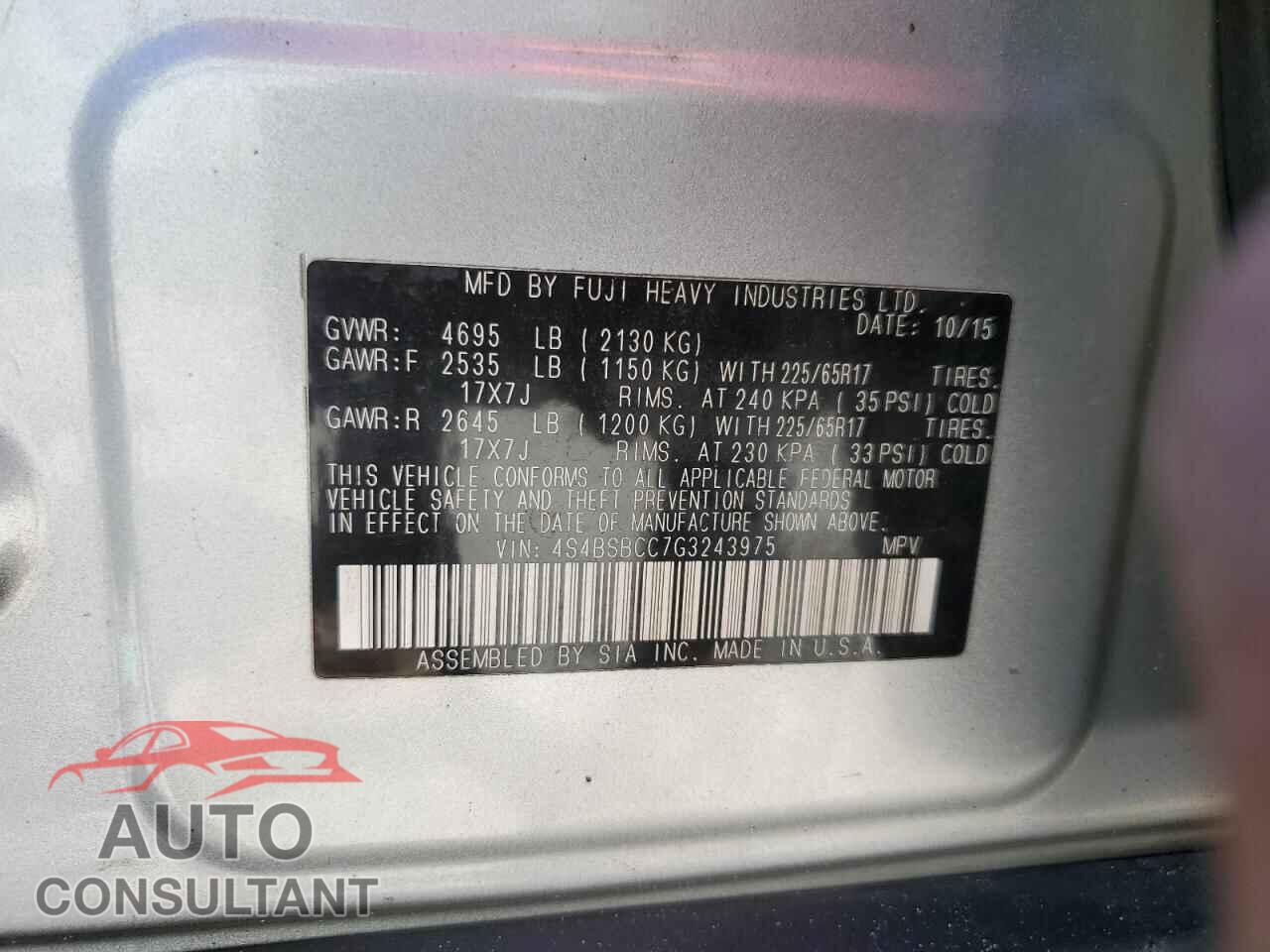 SUBARU OUTBACK 2016 - 4S4BSBCC7G3243975