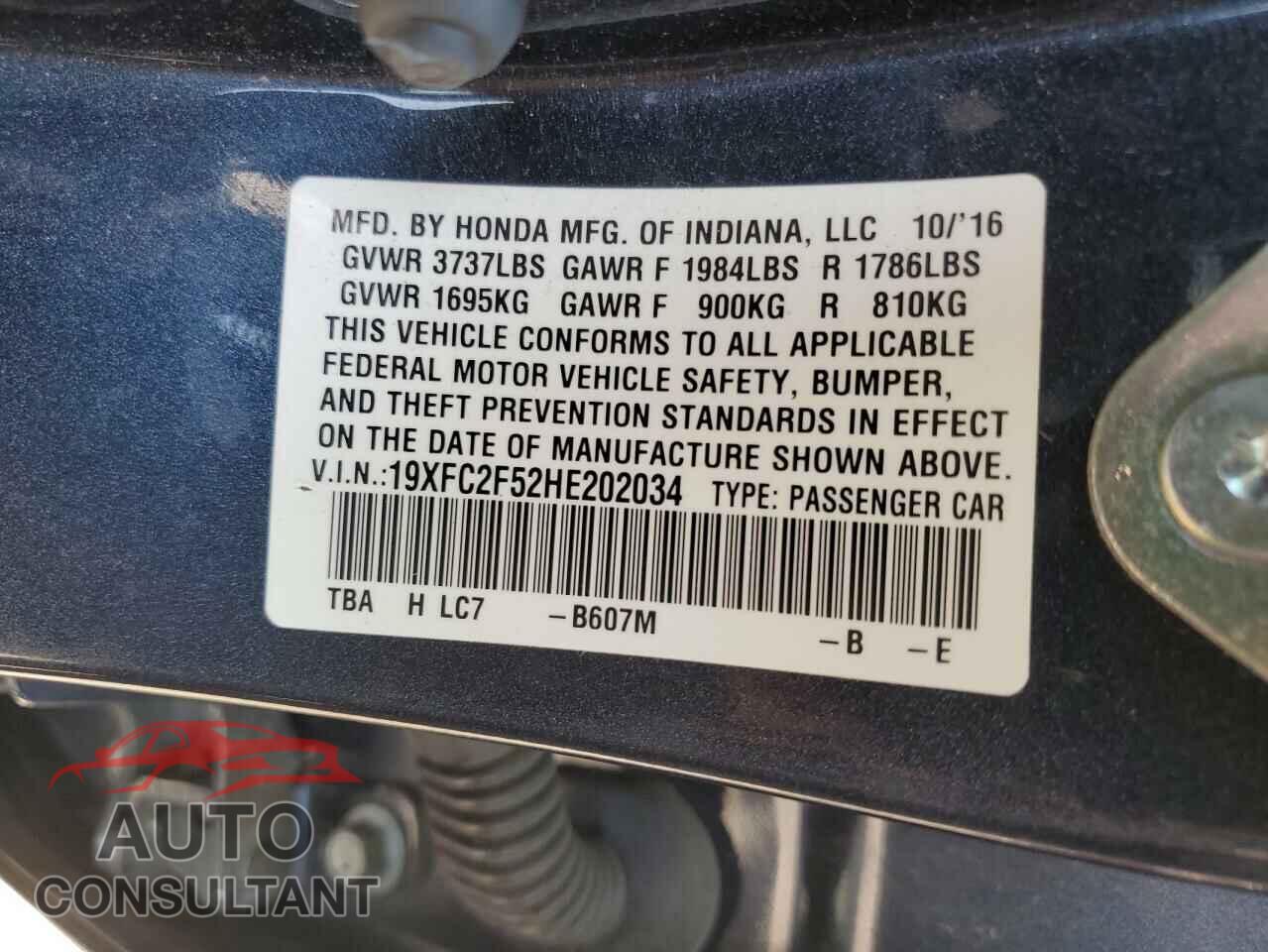 HONDA CIVIC 2017 - 19XFC2F52HE202034