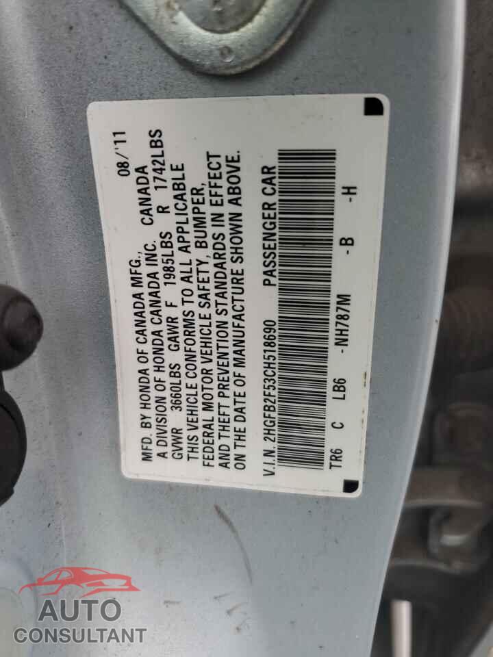 HONDA CIVIC 2012 - 2HGFB2F53CH518690