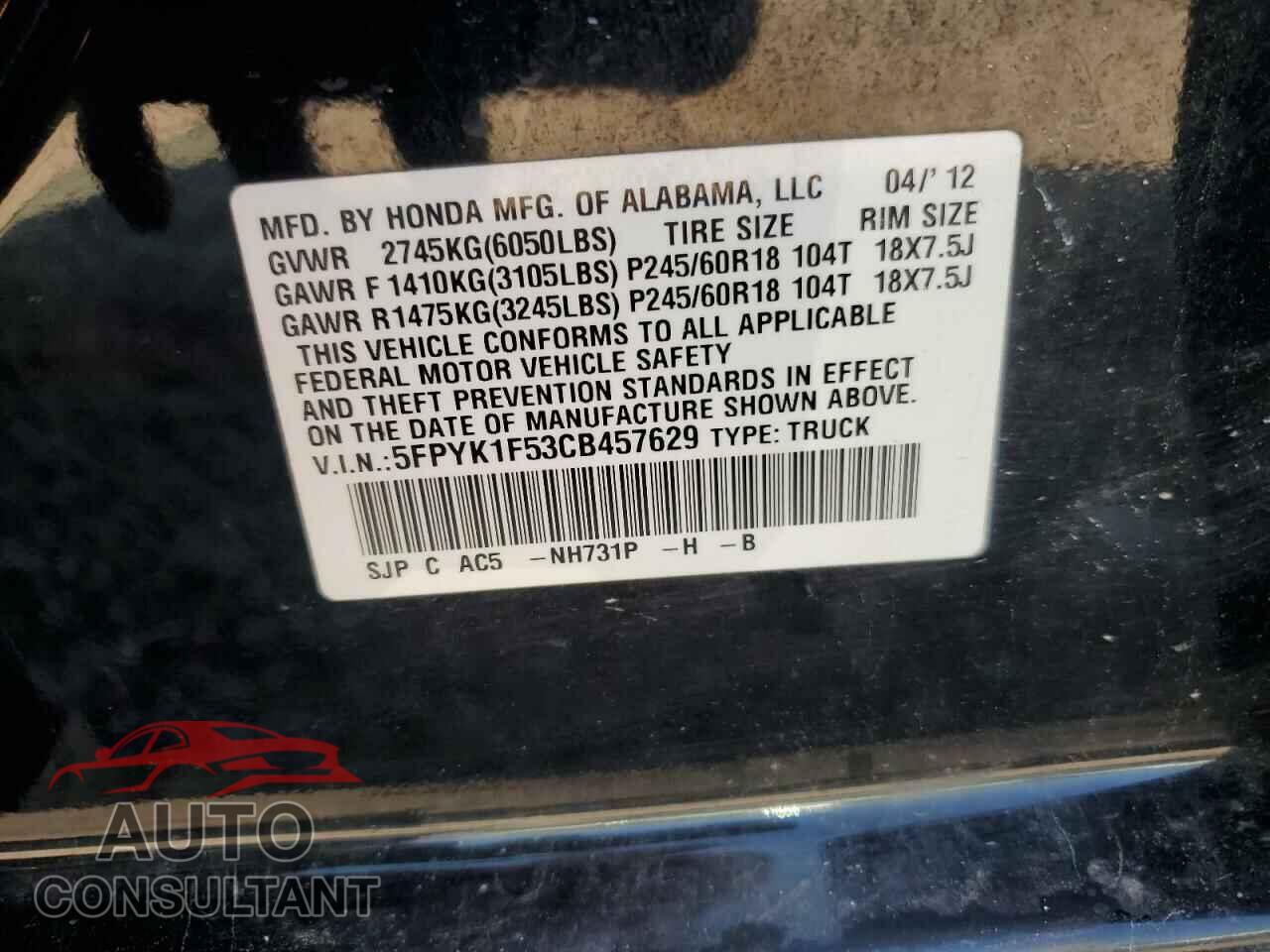 HONDA RIDGELINE 2012 - 5FPYK1F53CB457629