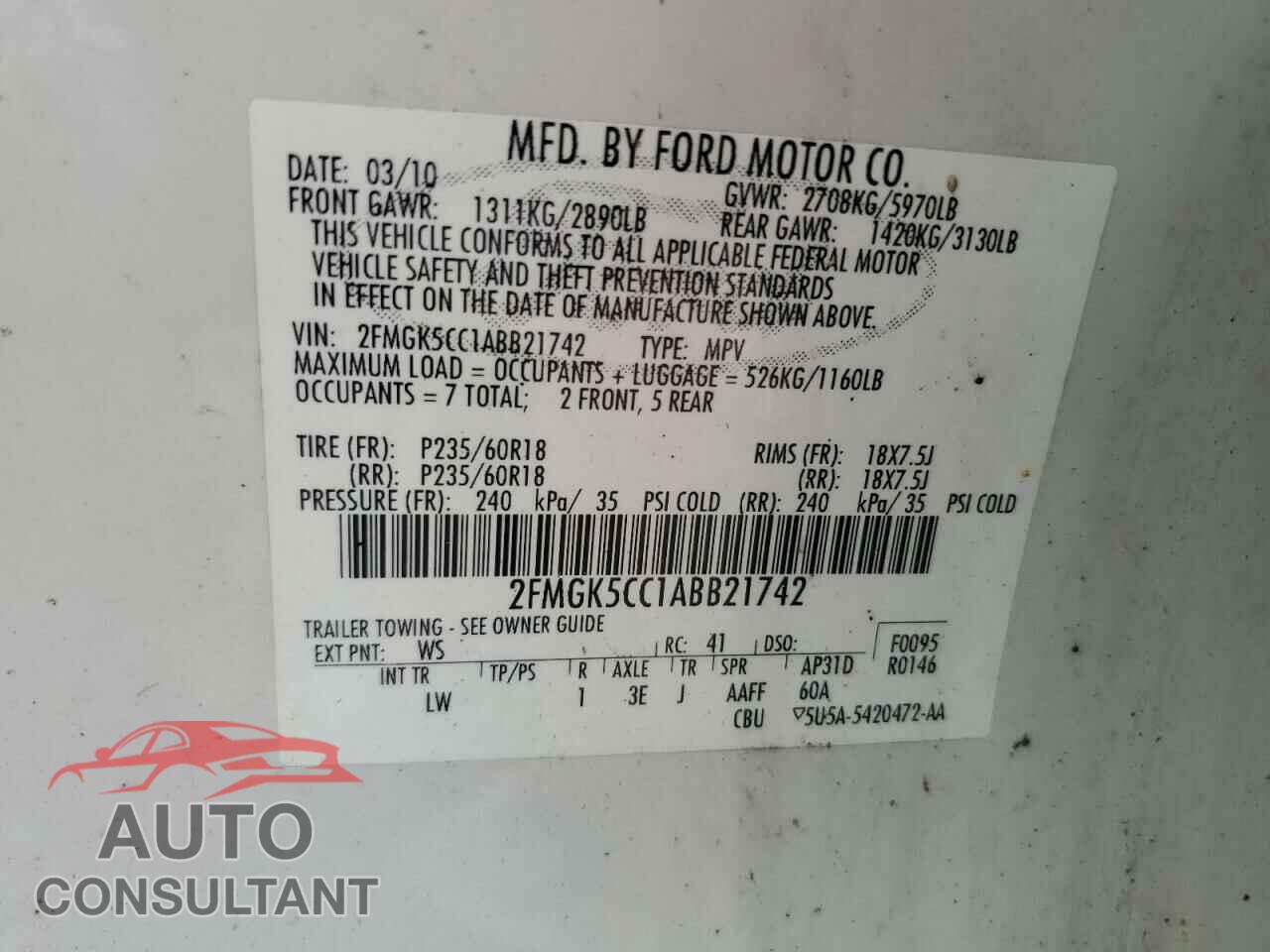 FORD FLEX 2010 - 2FMGK5CC1ABB21742
