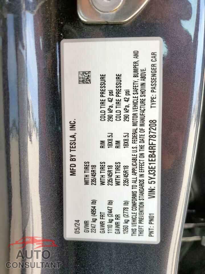 TESLA MODEL 3 2024 - 5YJ3E1EB4RF787208