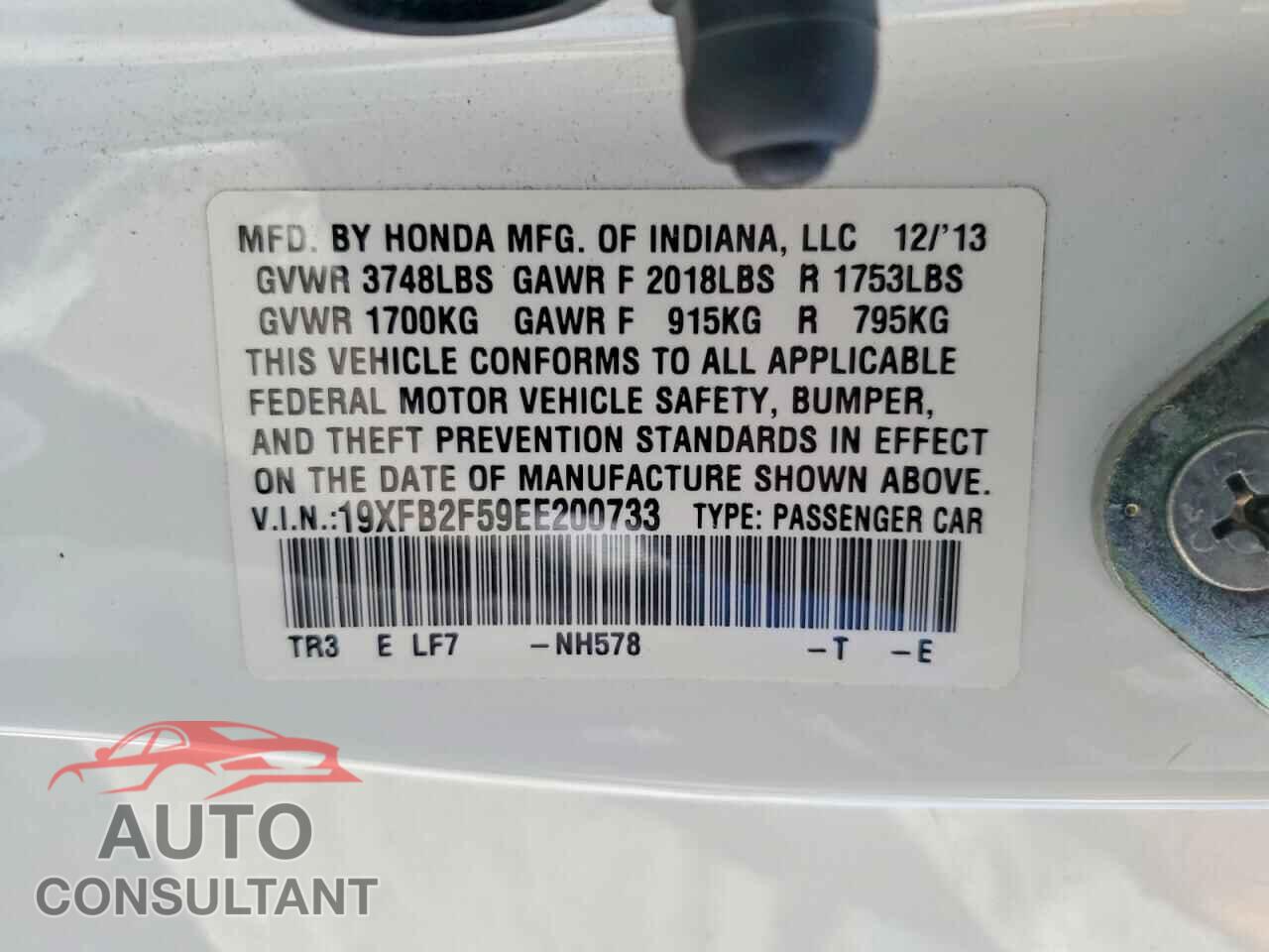 HONDA CIVIC 2014 - 19XFB2F59EE200733