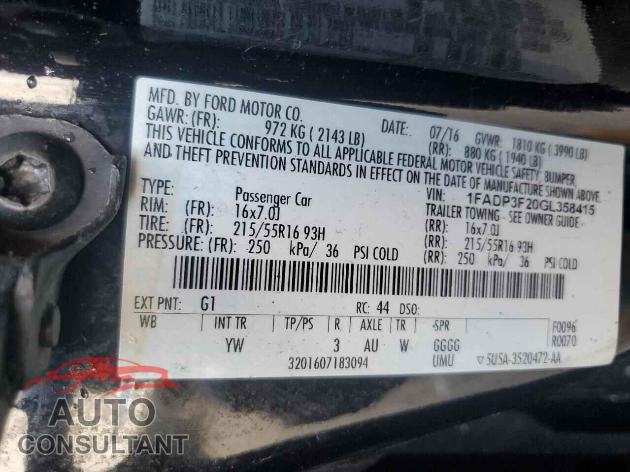 FORD FOCUS 2016 - 1FADP3F20GL358415