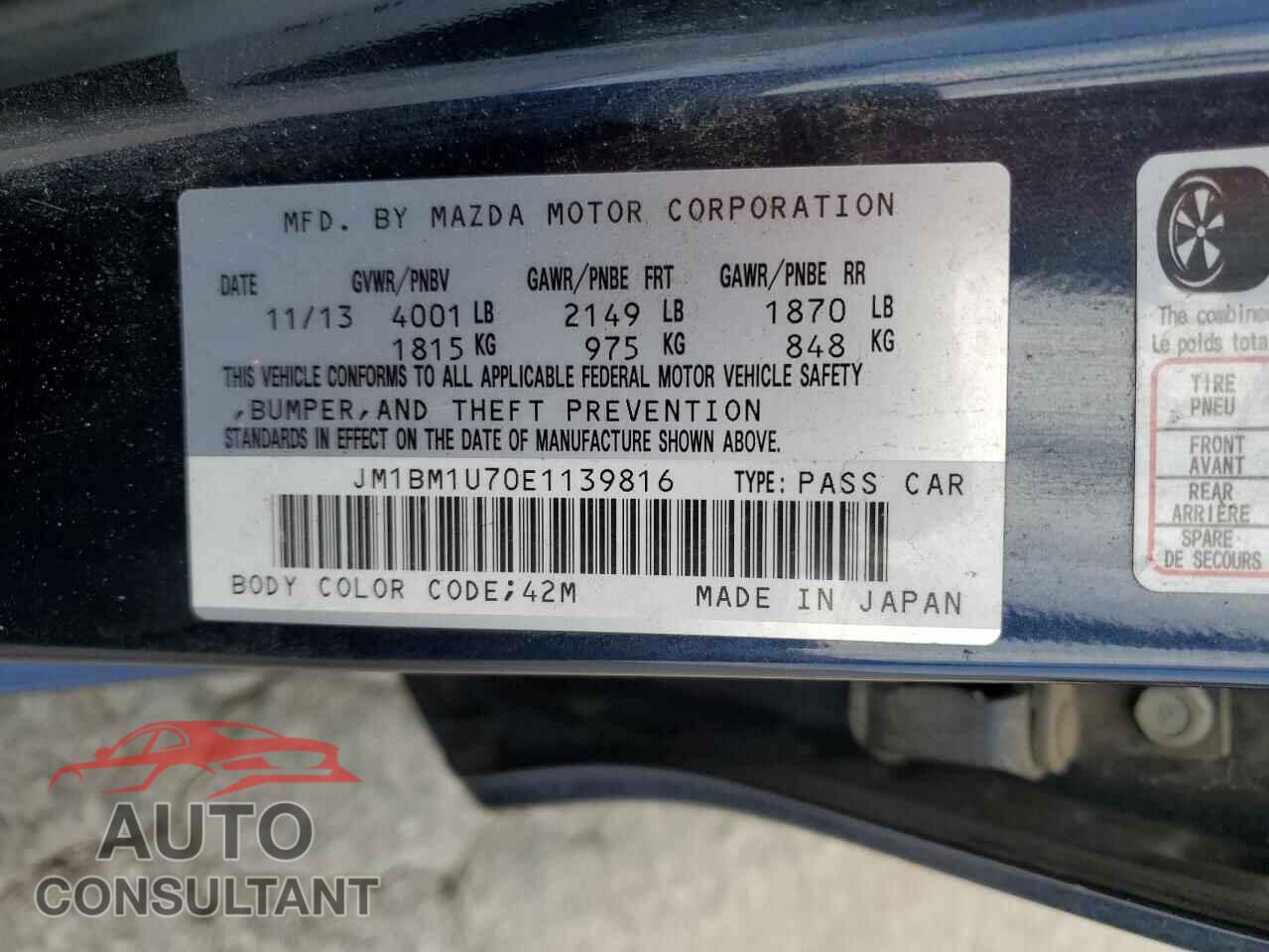 MAZDA 3 2014 - JM1BM1U70E1139816