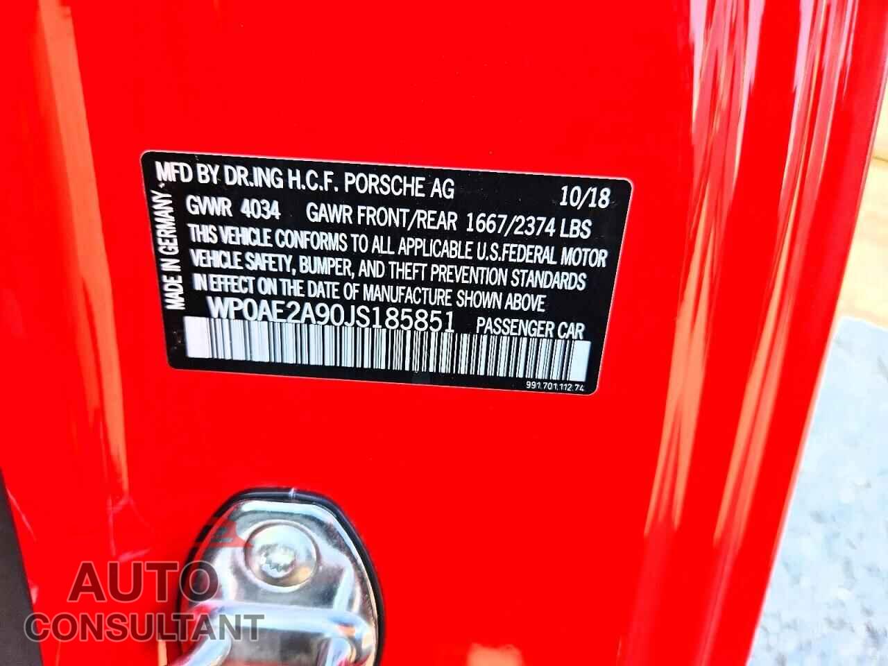 PORSCHE 911 2018 - WP0AE2A90JS185851