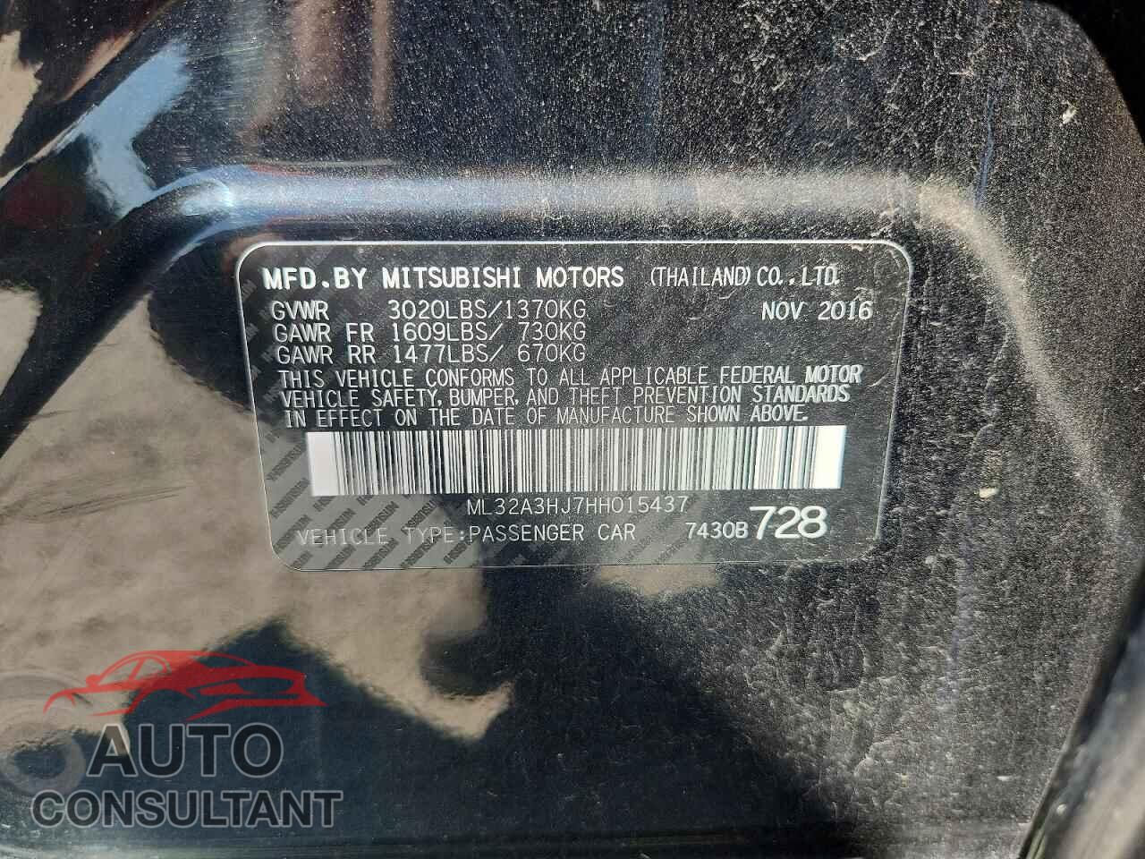 MITSUBISHI MIRAGE 2017 - ML32A3HJ7HH015437