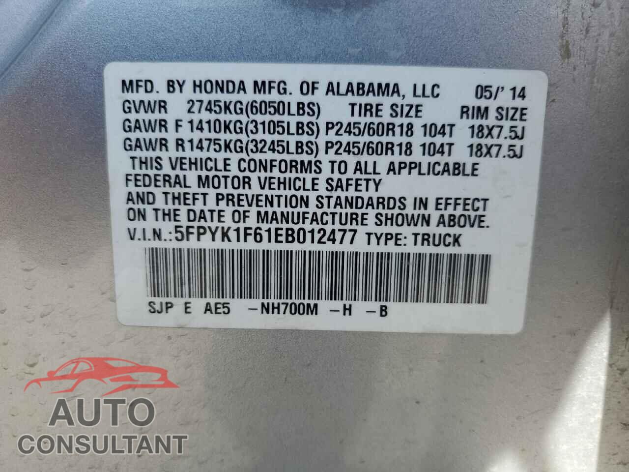 HONDA RIDGELINE 2014 - 5FPYK1F61EB012477