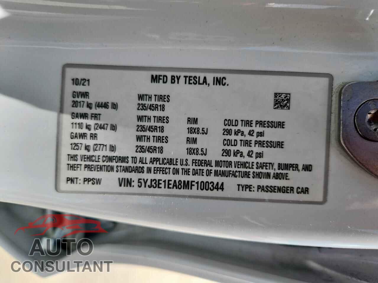 TESLA MODEL 3 2021 - 5YJ3E1EA8MF100344