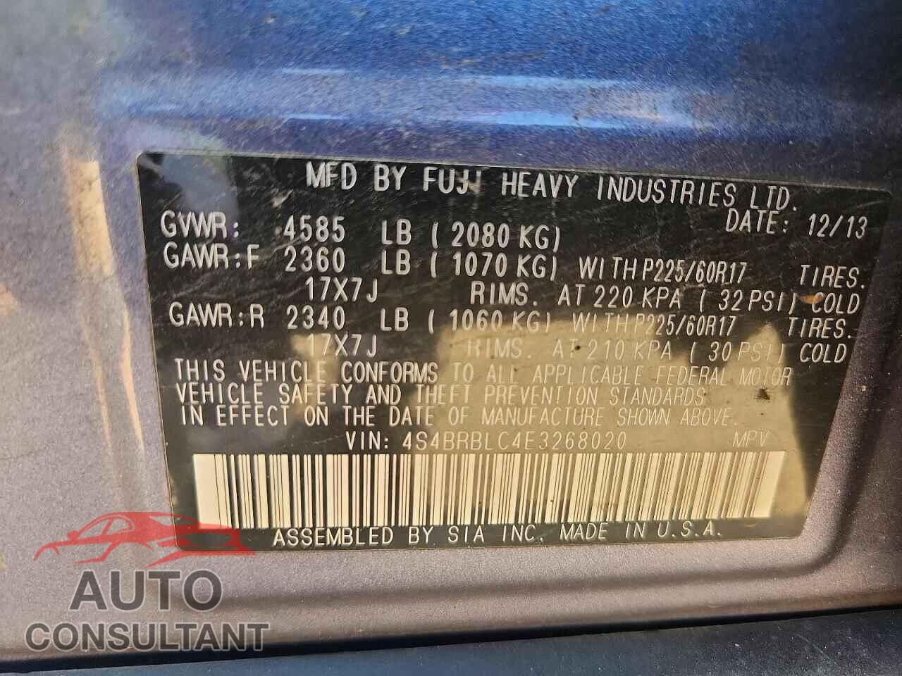 SUBARU OUTBACK 2014 - 4S4BRBLC4E3268020