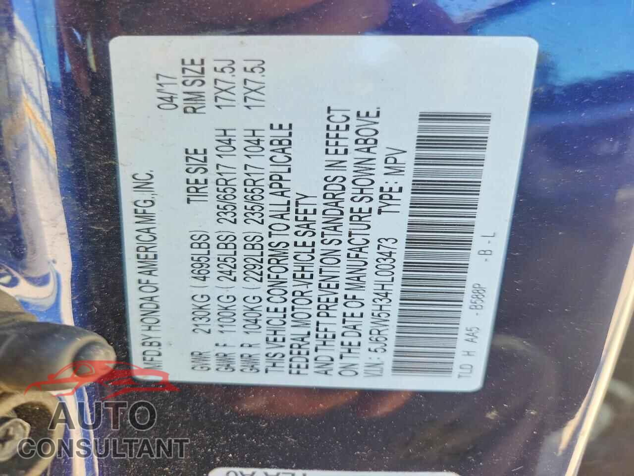 HONDA CRV 2017 - 5J6RW5H34HL003473