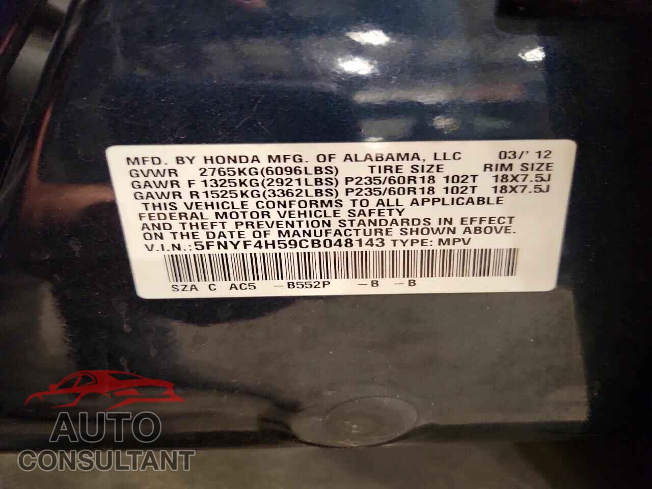 HONDA PILOT 2012 - 5FNYF4H59CB048143
