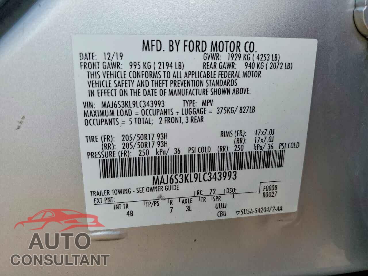 FORD ECOSPORT 2020 - MAJ6S3KL9LC343993