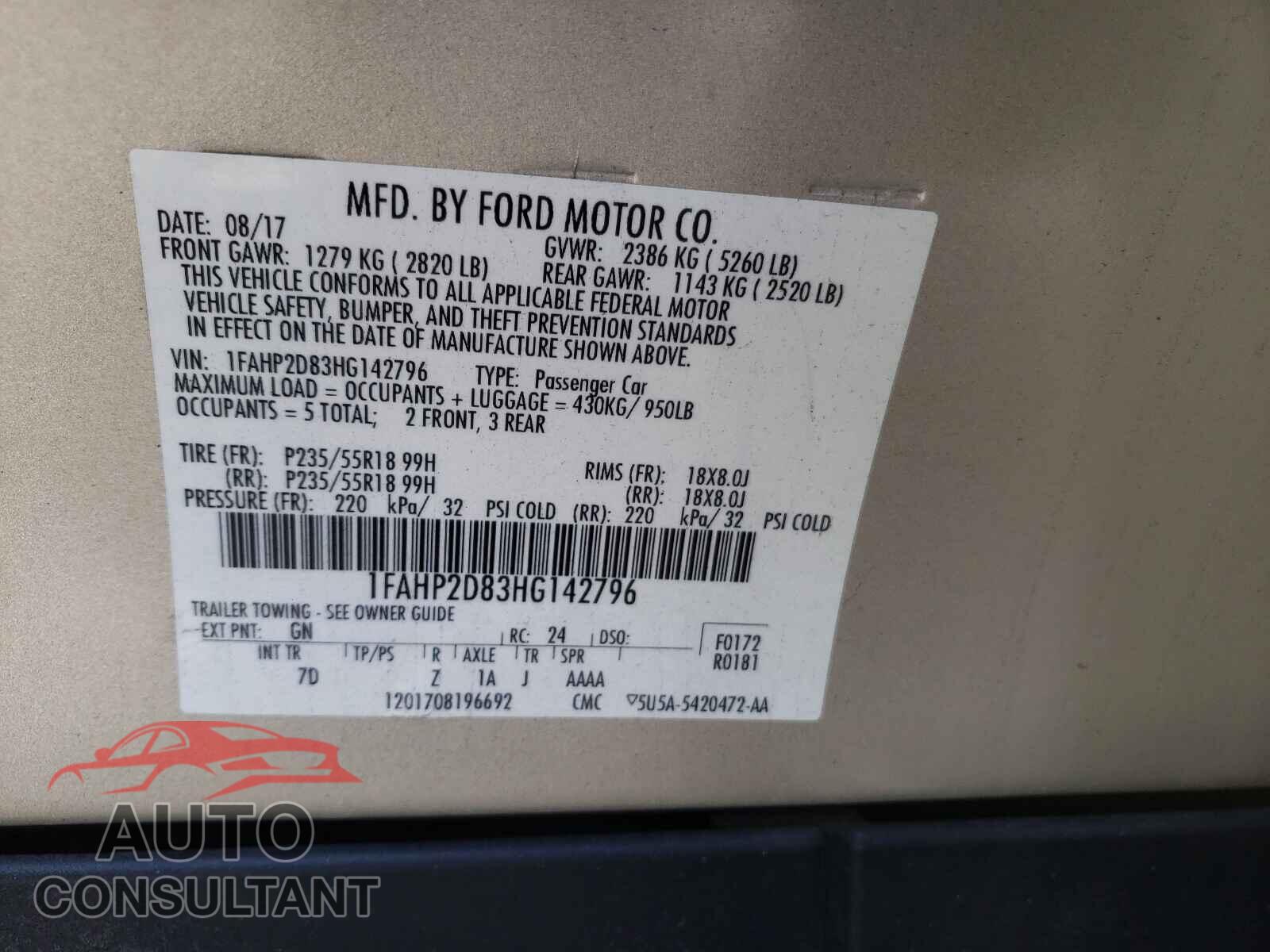 FORD TAURUS 2017 - 1FAHP2D83HG142796