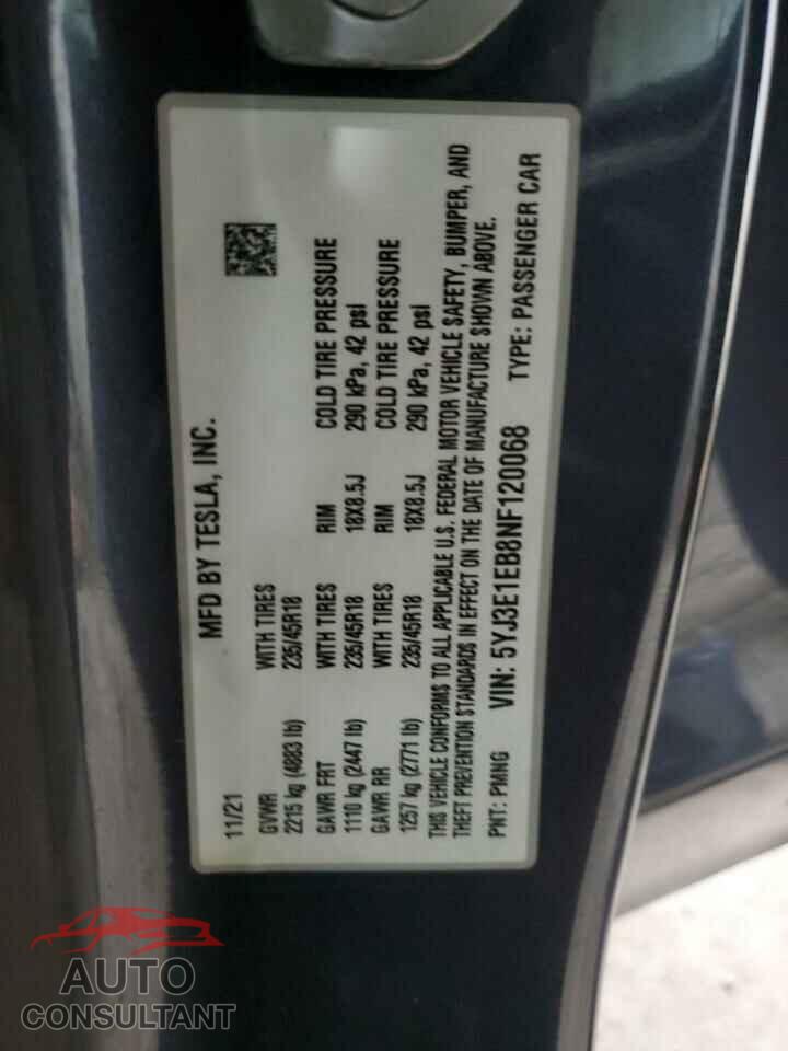 TESLA MODEL 3 2022 - 5YJ3E1EB8NF120068