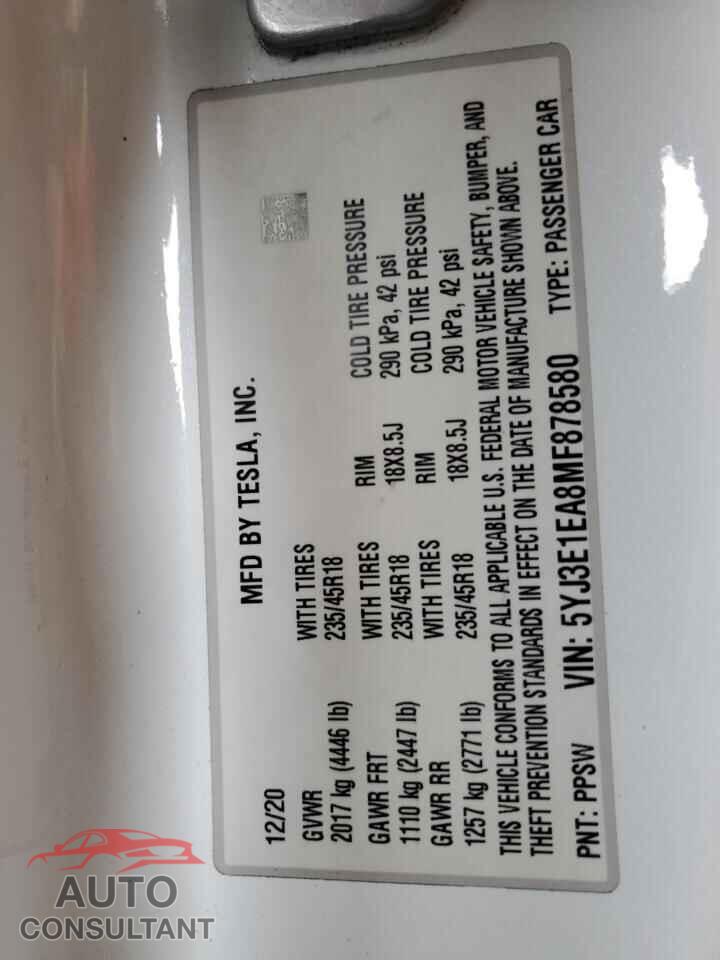 TESLA MODEL 3 2021 - 5YJ3E1EA8MF878580