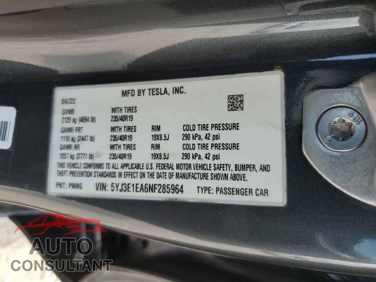 TESLA MODEL 3 2022 - 5YJ3E1EA6NF285964