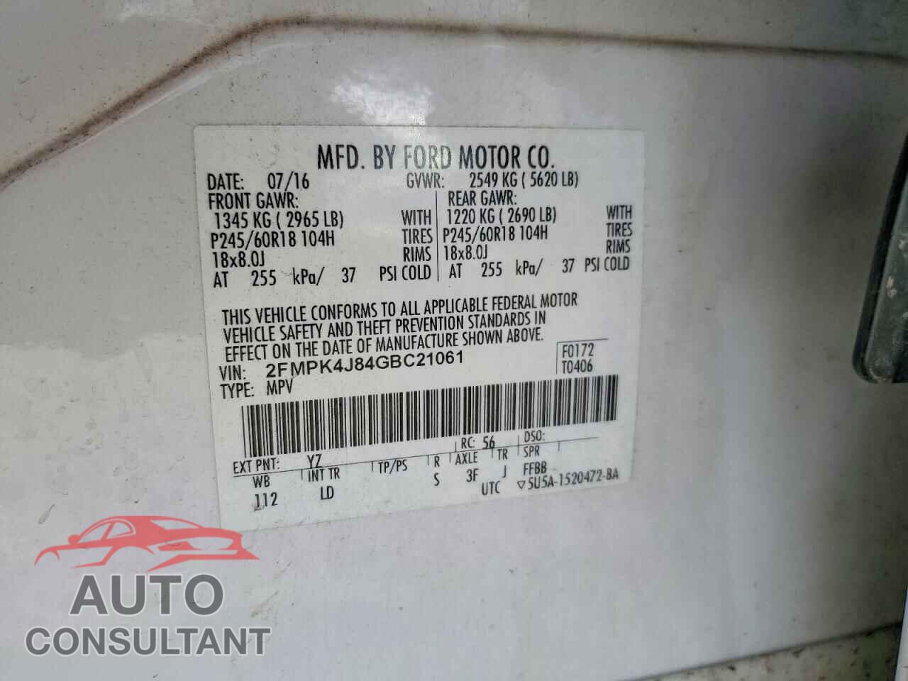 FORD EDGE 2016 - 2FMPK4J84GBC21061