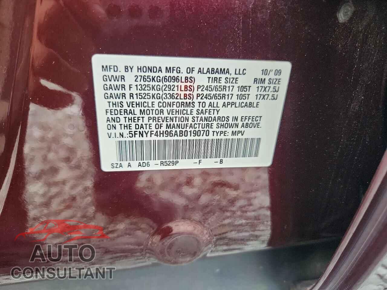 HONDA PILOT 2010 - 5FNYF4H96AB019070