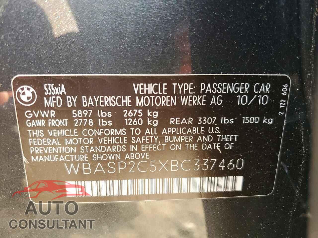 BMW 5 SERIES 2011 - WBASP2C5XBC337460