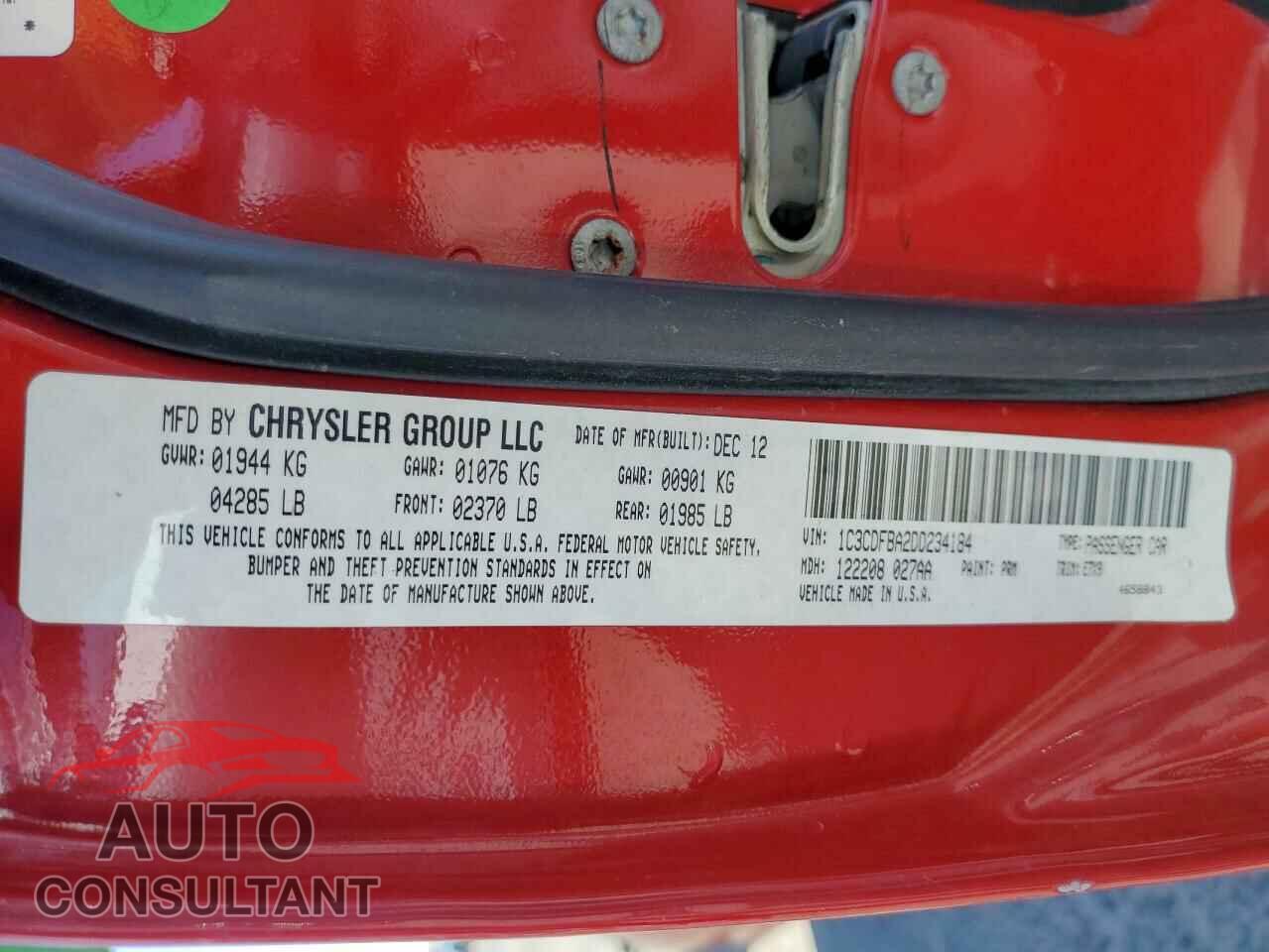 DODGE DART 2013 - 1C3CDFBA2DD234184