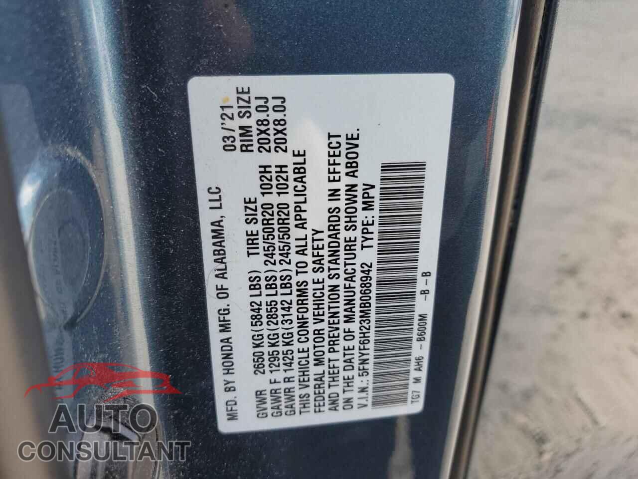 HONDA PILOT 2021 - 5FNYF6H23MB068942