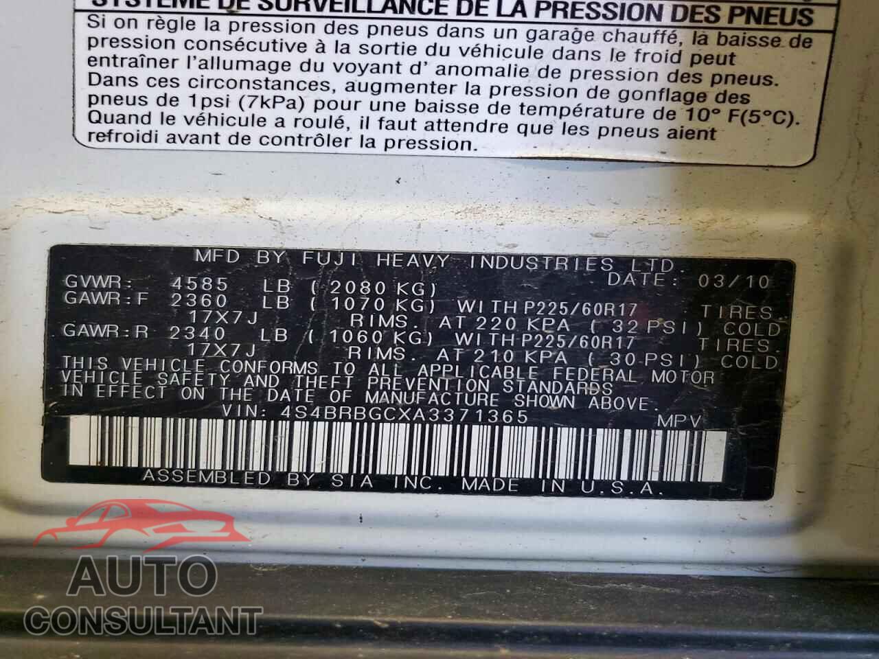 SUBARU OUTBACK 2010 - 4S4BRBGCXA3371365