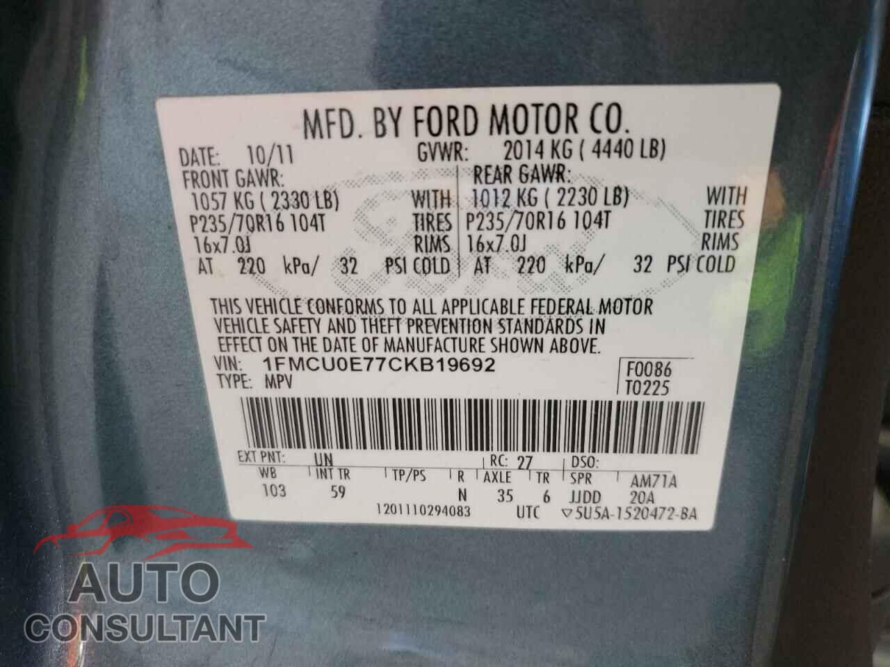 FORD ESCAPE 2012 - 1FMCU0E77CKB19692